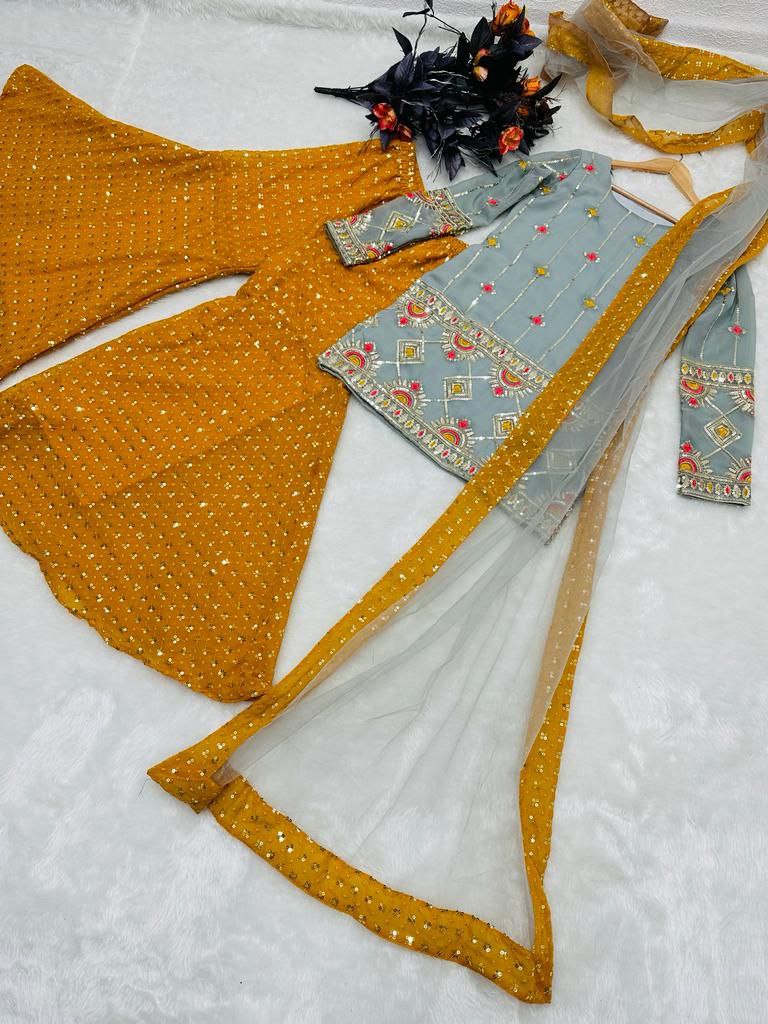 Grey and Yellow Sharara Sets with Embroidery Work ClothsVilla