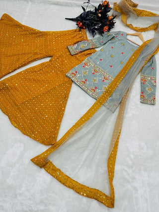 Grey and Yellow Sharara Sets with Embroidery Work ClothsVilla
