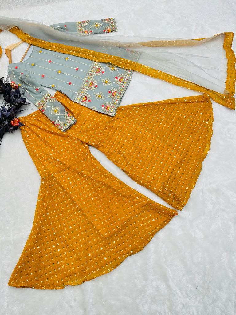 Grey and Yellow Sharara Sets with Embroidery Work ClothsVilla