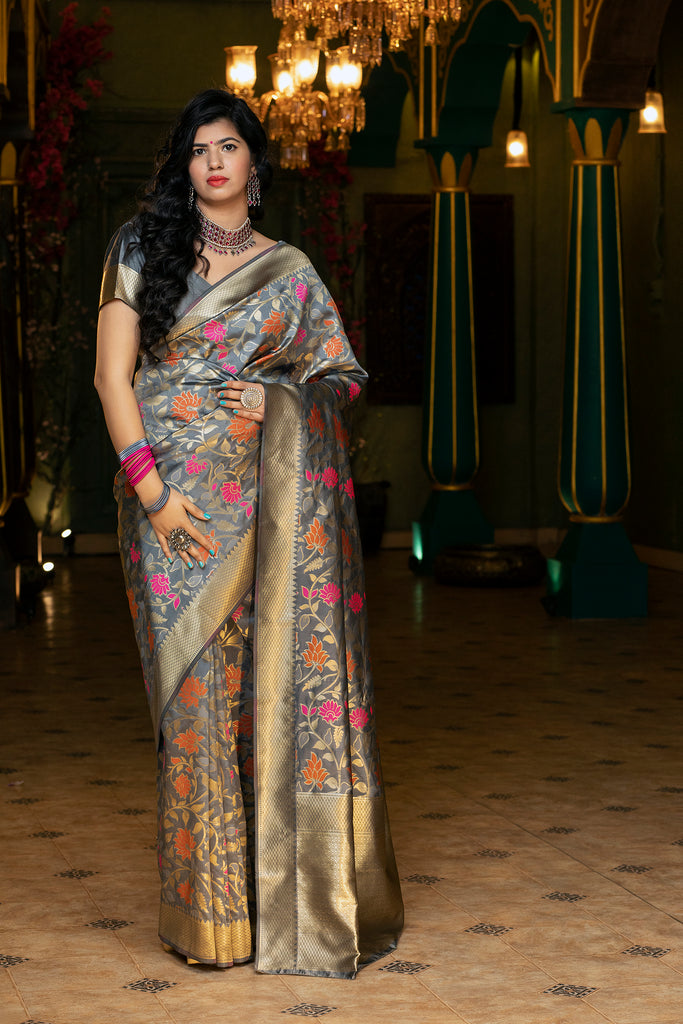 Smoke Gray Kashmiri Jamawar Woven Silk Saree - Urban Womania