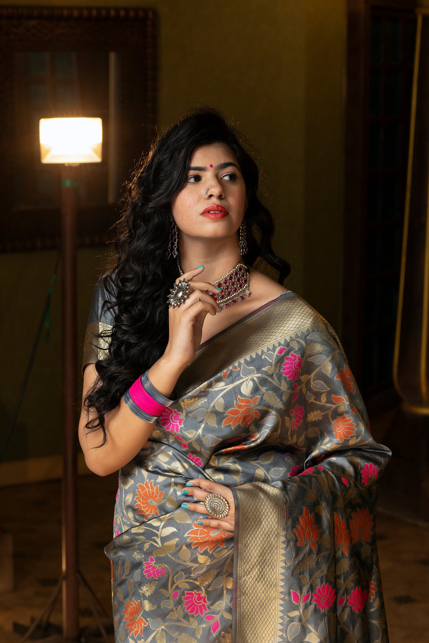 Groovy Grey Coloured Embroidered Partywear Banarasi Silk Saree ClothsVilla