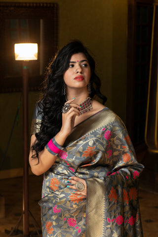 Groovy Grey Coloured Embroidered Partywear Banarasi Silk Saree ClothsVilla