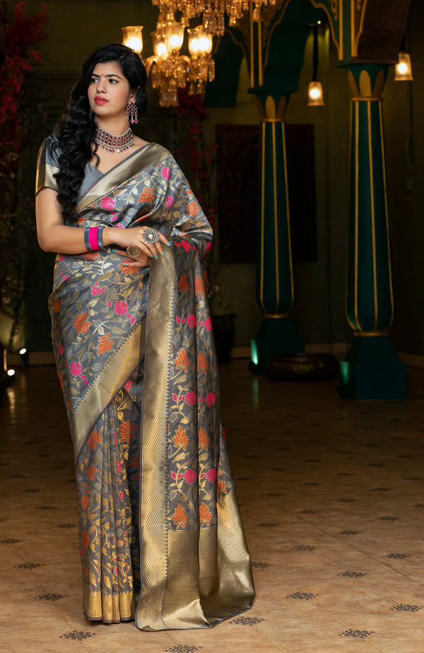 Groovy Grey Coloured Embroidered Partywear Banarasi Silk Saree ClothsVilla