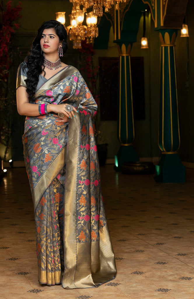 Groovy Grey Coloured Embroidered Partywear Banarasi Silk Saree ClothsVilla