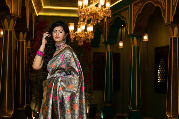 Groovy Grey Coloured Embroidered Partywear Banarasi Silk Saree ClothsVilla