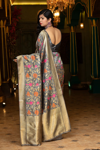 Groovy Grey Coloured Embroidered Partywear Banarasi Silk Saree ClothsVilla