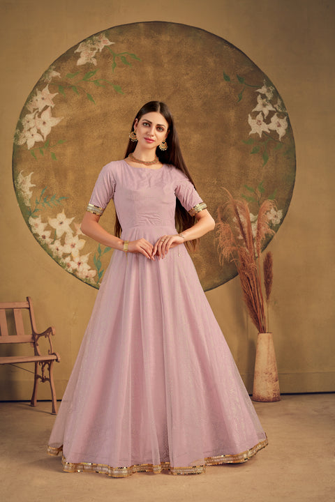 Half Sleeves Soft Net Fabric Dusty Pink Color Fancy Work Gown ClothsVilla Main image