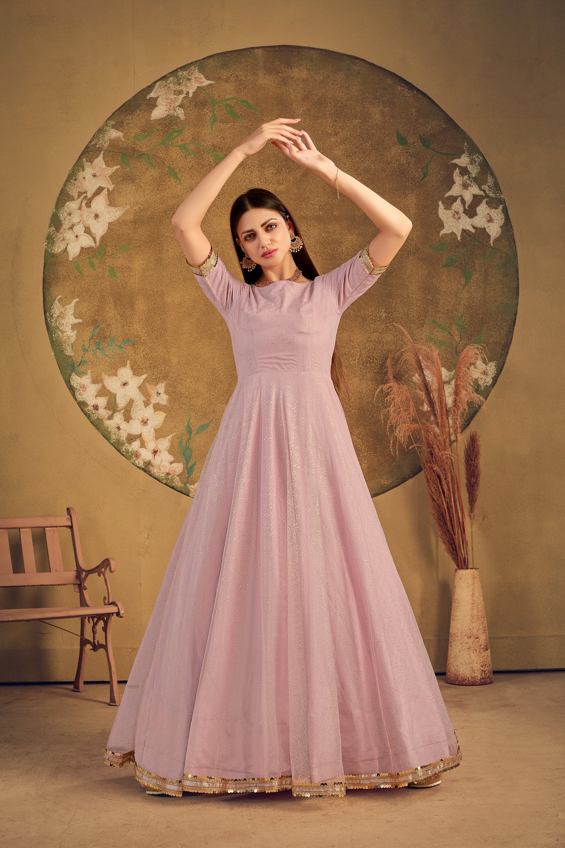Half Sleeves Soft Net Fabric Dusty Pink Color Fancy Work Gown ClothsVilla