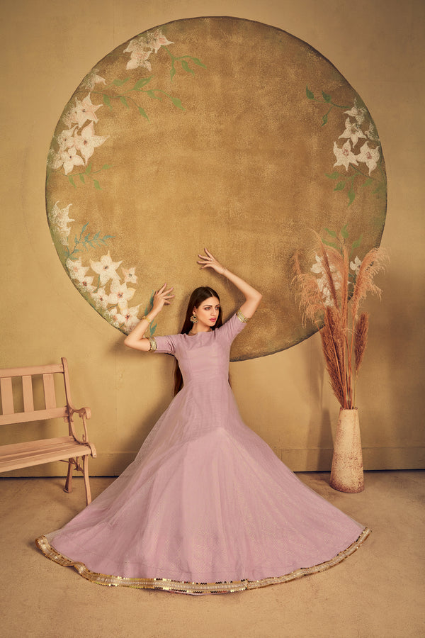 Half Sleeves Soft Net Fabric Dusty Pink Color Fancy Work Gown ClothsVilla