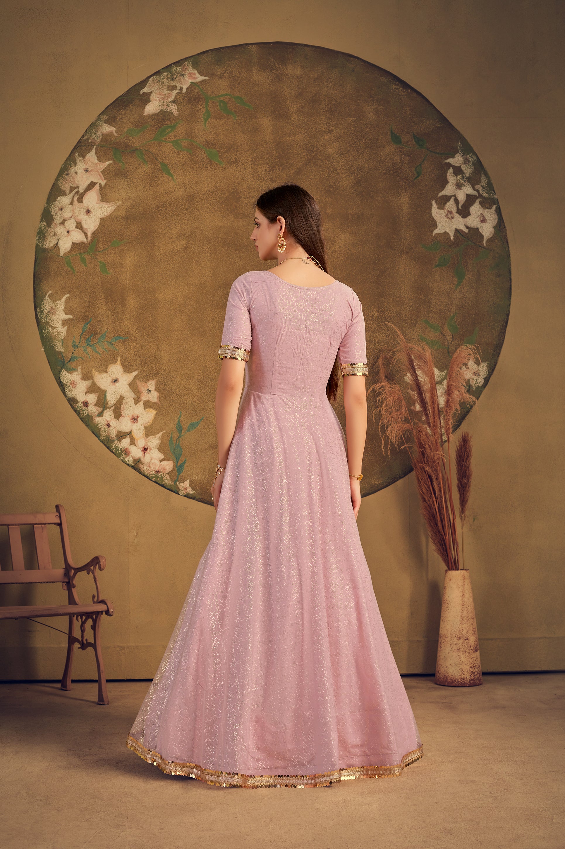Half Sleeves Soft Net Fabric Dusty Pink Color Fancy Work Gown ClothsVilla