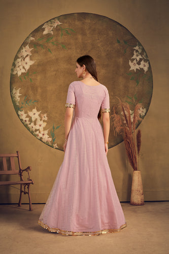 Half Sleeves Soft Net Fabric Dusty Pink Color Fancy Work Gown ClothsVilla