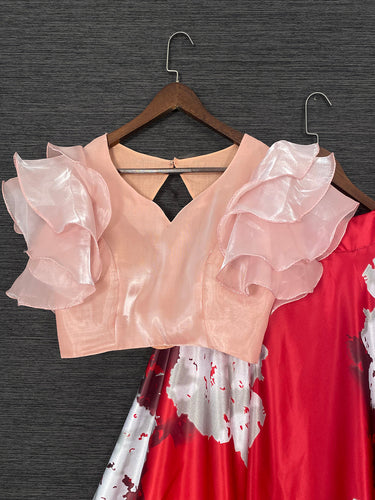 Red Color Heavy Dull Satin Floral Digital Printed Lehenga With Peach Color Varisa Silk Choli Clothsvilla