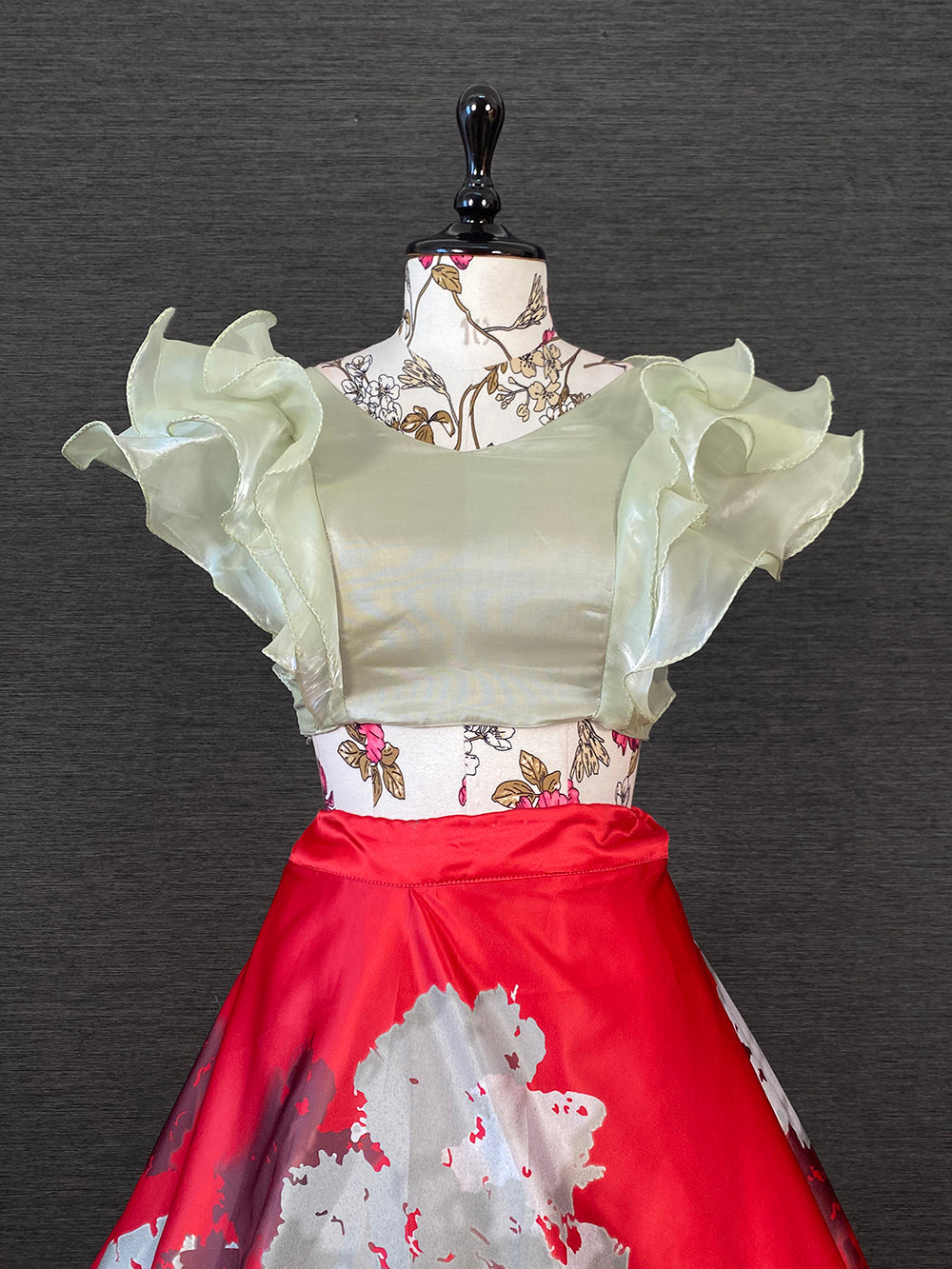Red Color Heavy Dull Satin Floral Digital Printed Lehenga With Pista Color Varisa Silk Choli Secondary image