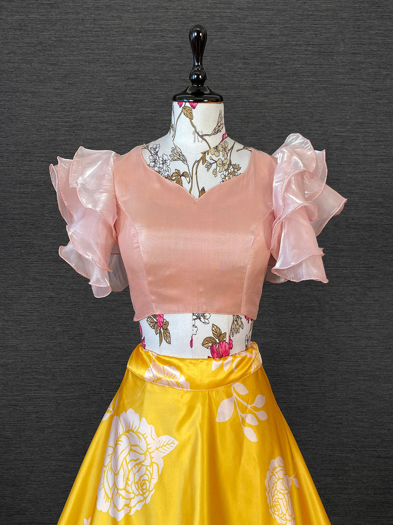 Yellow Color Heavy Dull Satin Floral Digital Printed Lehenga Crop Top Clothsvilla