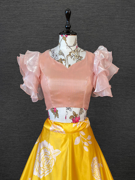 Yellow Color Heavy Dull Satin Floral Digital Printed Lehenga Crop