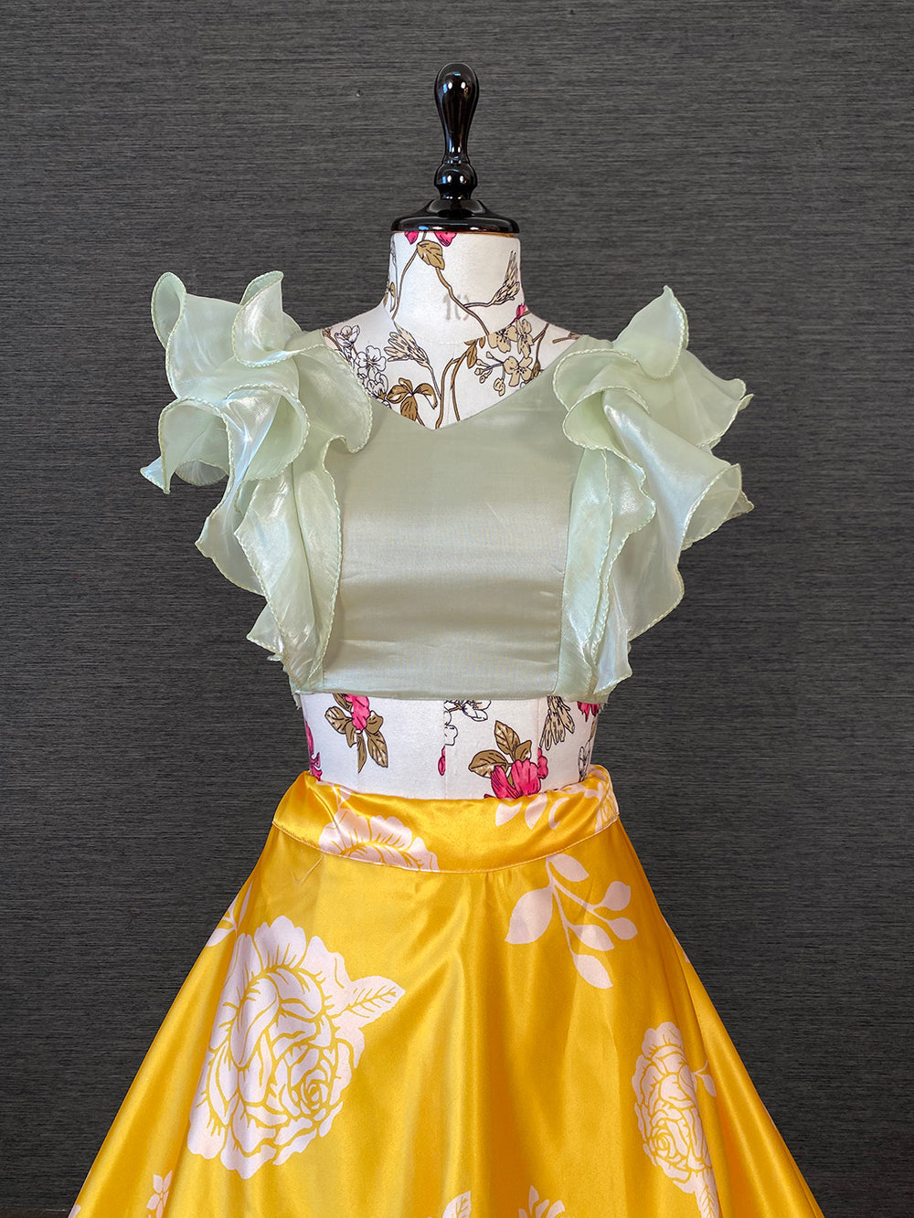 Yellow Color Heavy Dull Satin Floral Digital Printed Lehenga With Pista Color Varisa Silk Choli Secondary image