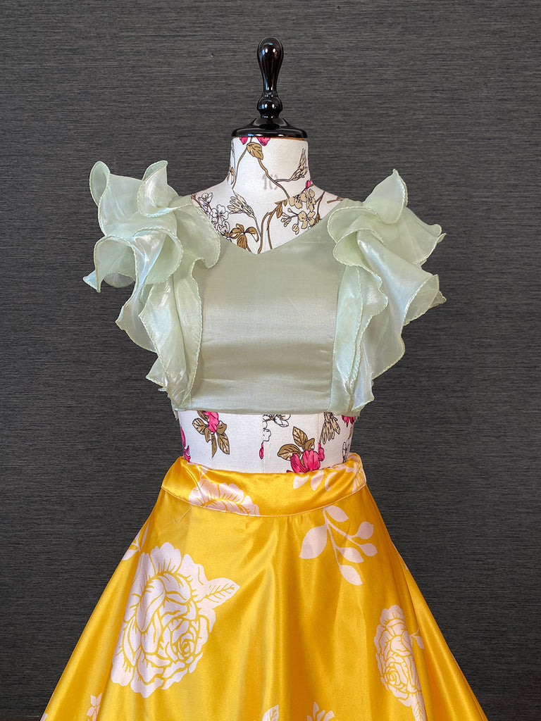 Yellow Color Heavy Dull Satin Floral Digital Printed Lehenga With Pista Color Varisa Silk Choli Clothsvilla