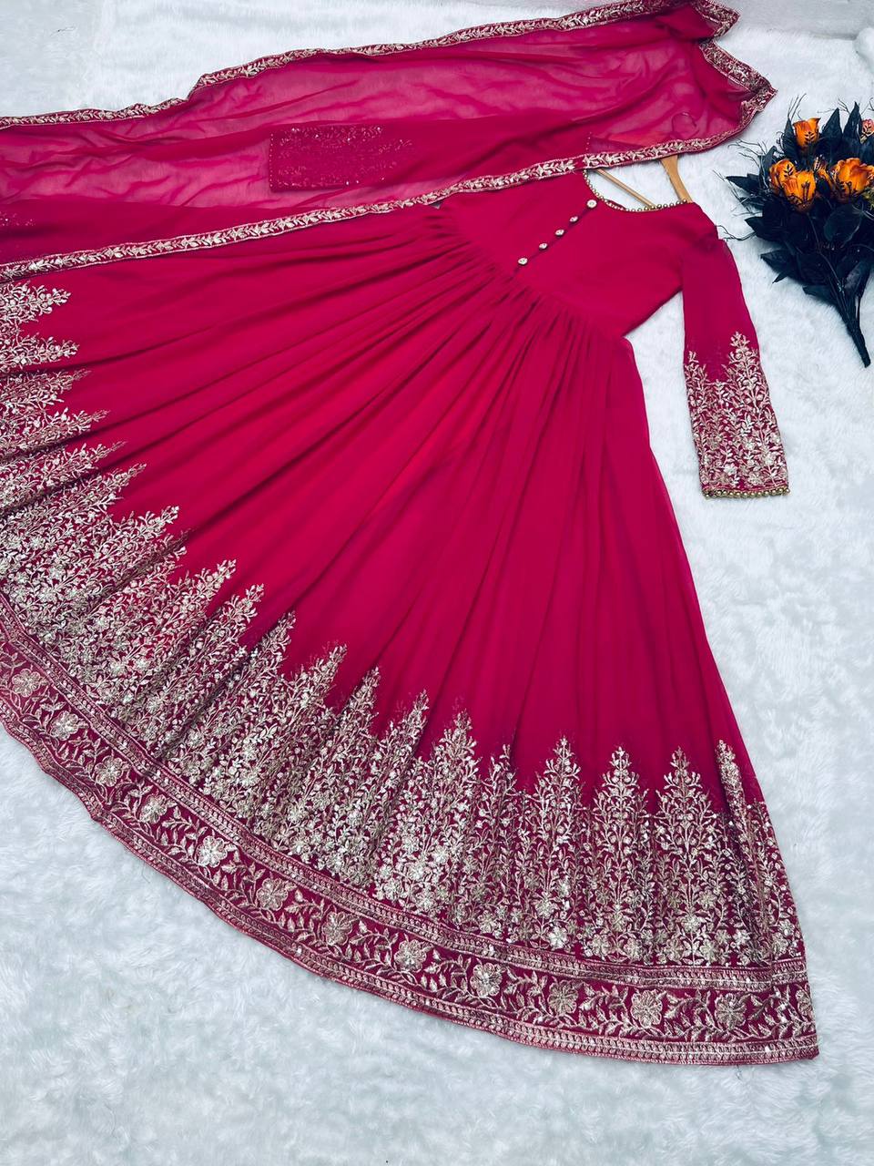 Hot Pink Color Sequence Embroidery Work Gown Clothsvilla