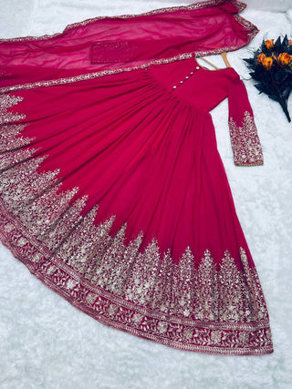 Hot Pink Color Sequence Embroidery Work Gown Clothsvilla