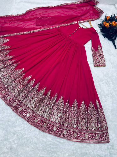 Hot Pink Color Sequence Embroidery Work Gown Clothsvilla
