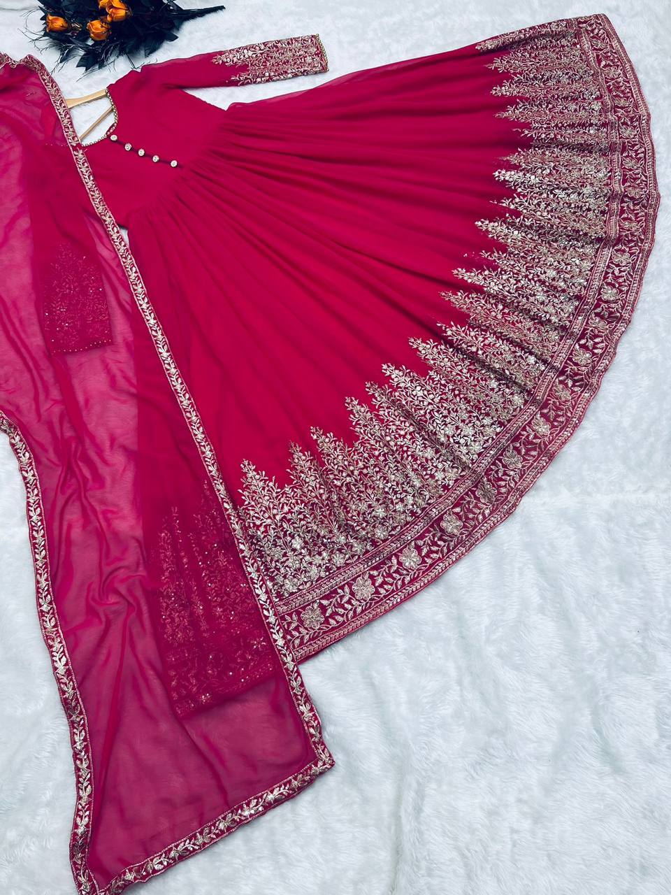 Hot Pink Color Sequence Embroidery Work Gown Clothsvilla