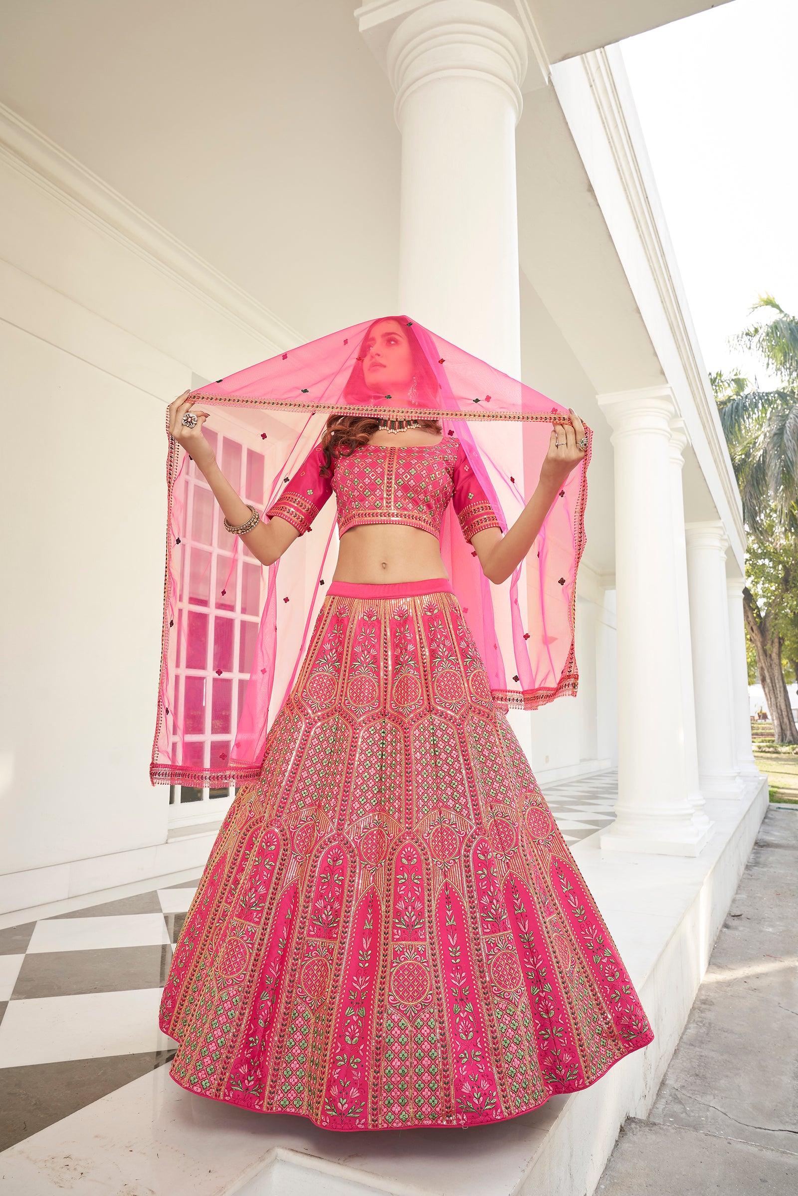Hypnotizing Deep Pink Thread And Sequins Embroidered Silk Semi Stitched Lehenga ClothsVilla