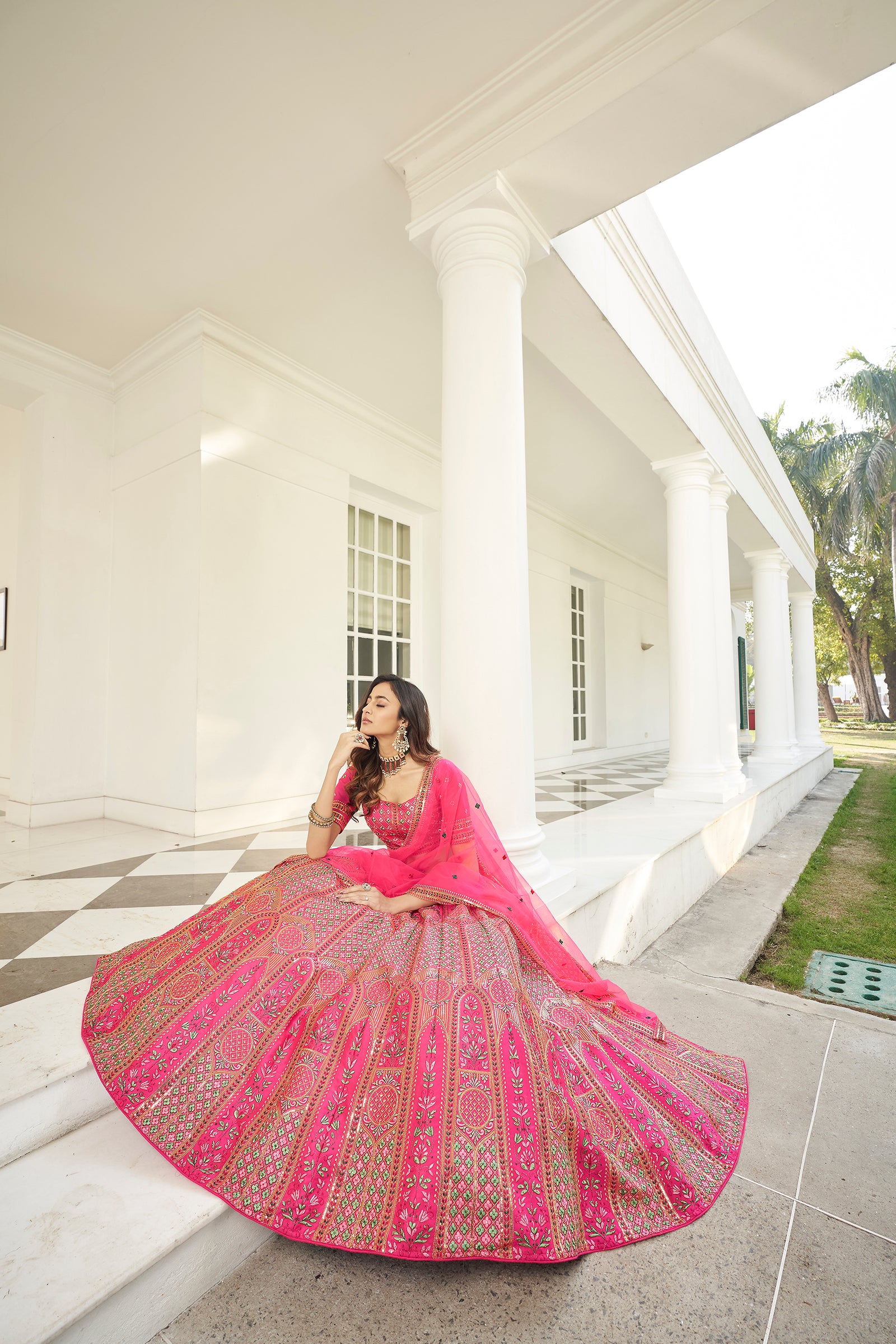 Hypnotizing Deep Pink Thread And Sequins Embroidered Silk Semi Stitched Lehenga ClothsVilla