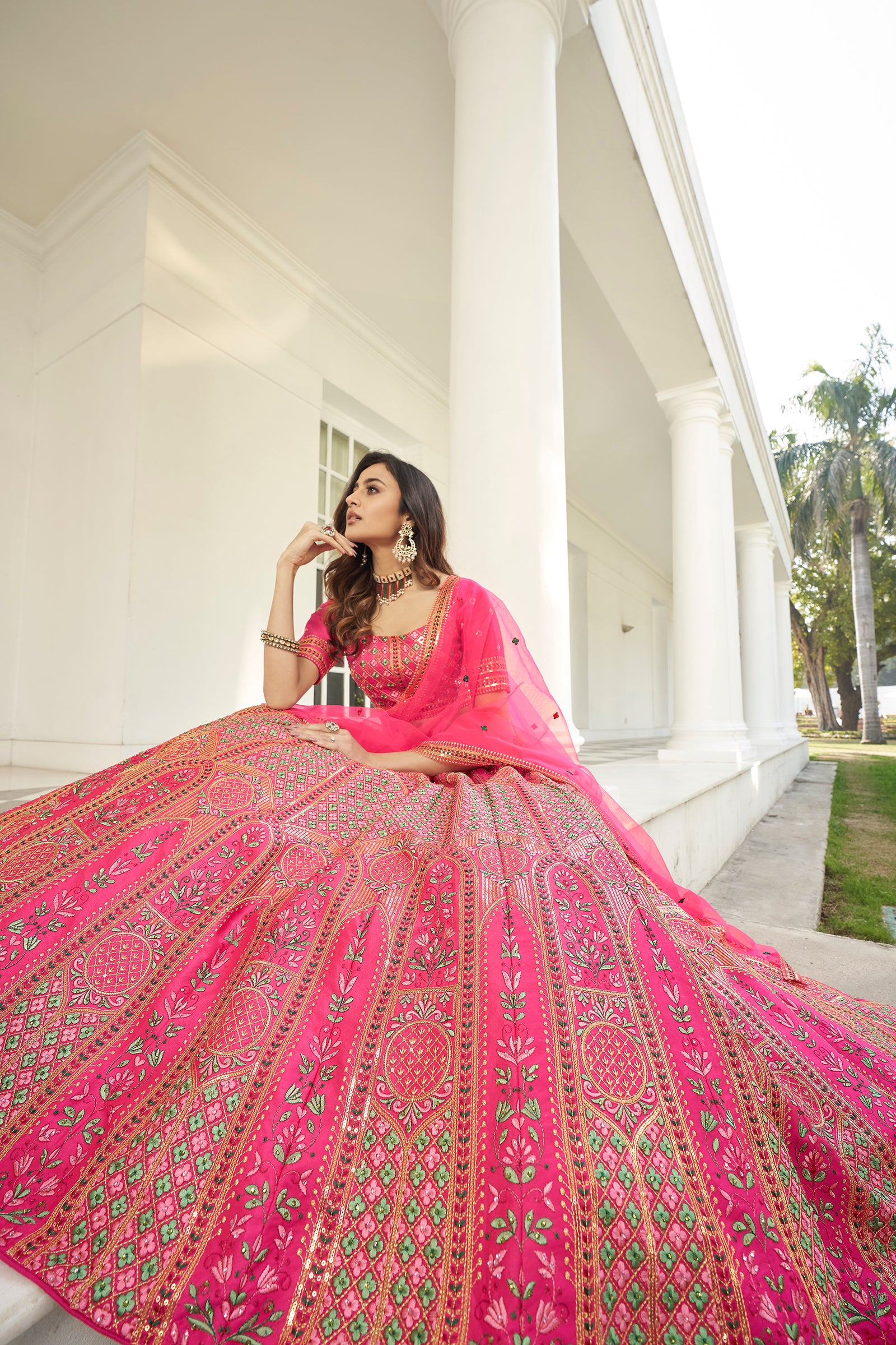 Hypnotizing Deep Pink Thread And Sequins Embroidered Silk Semi Stitched Lehenga ClothsVilla