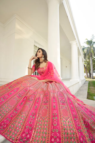 Hypnotizing Deep Pink Thread And Sequins Embroidered Silk Semi Stitched Lehenga ClothsVilla