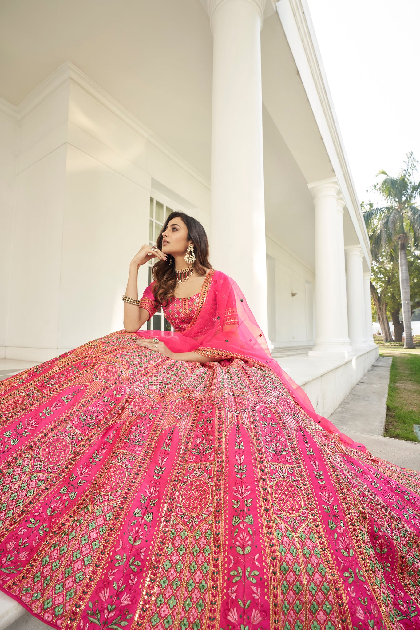 Buy Pink Pleated Embroidery Sequin And Thread Round Saree Gown