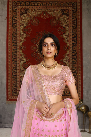 Hypnotizing Pink Sequins Embroidered Net Semi Stitched Lehenga Choli ClothsVilla