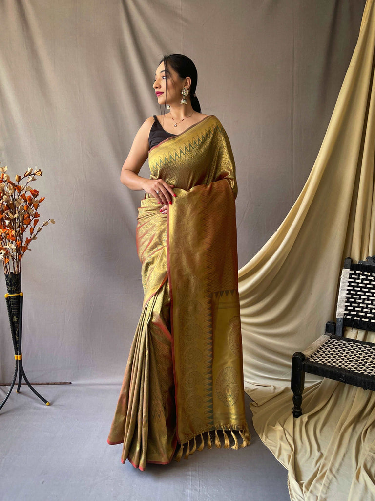 Mehendi Gold Saree in Pure Kanjeevaram Silk Woven Clothsvilla