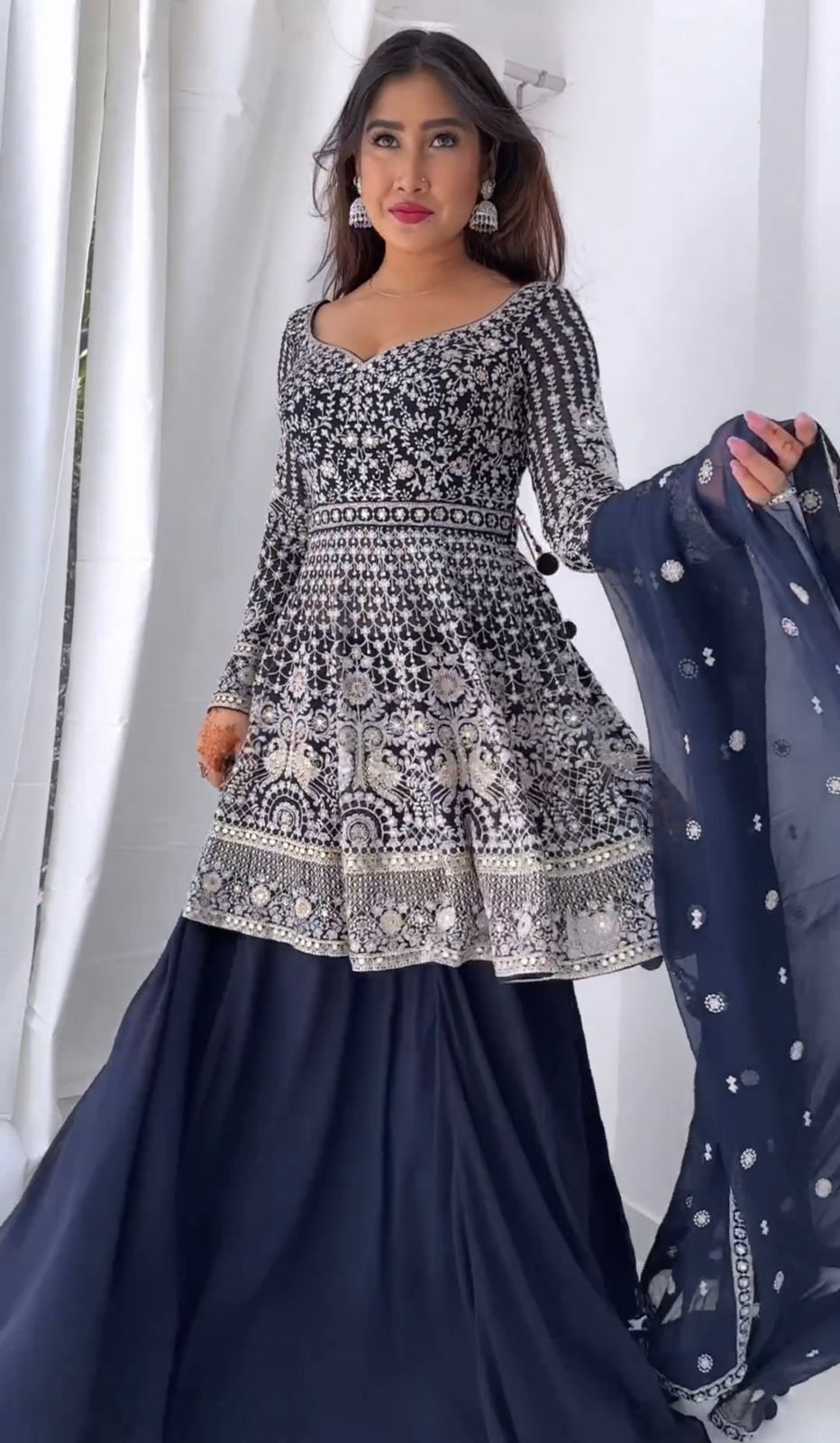 Navy Blue Color Embroidery Sequence Work Lovely Top With Lehenga Main image
