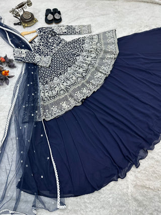Navy Blue Color Embroidery Sequence Work Lovely Top With Lehenga