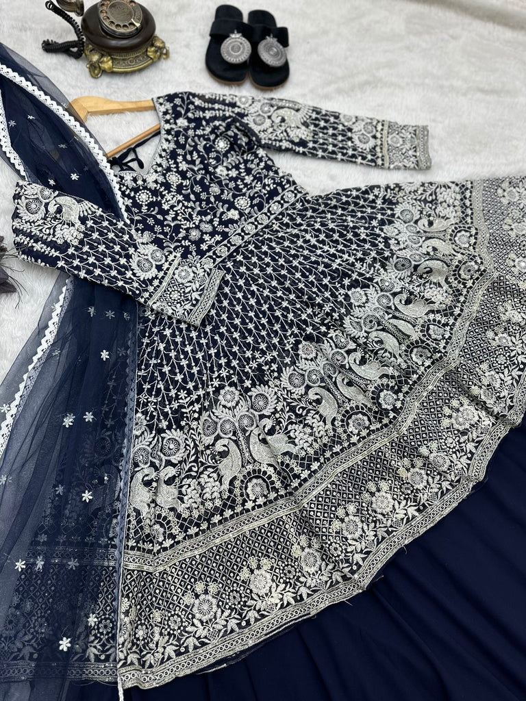 Navy Blue Color Embroidery Sequence Work Lovely Top With Lehenga