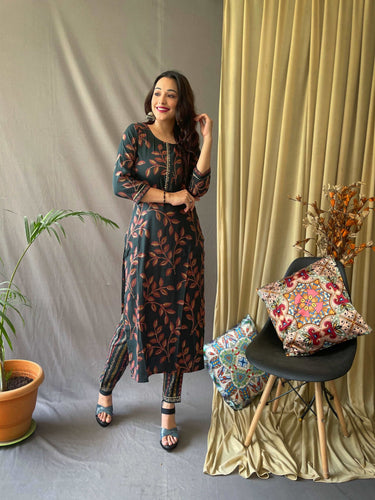 Ethnic Floral Printed Cotton Kurti with Pant Bottle Green Clothsvilla