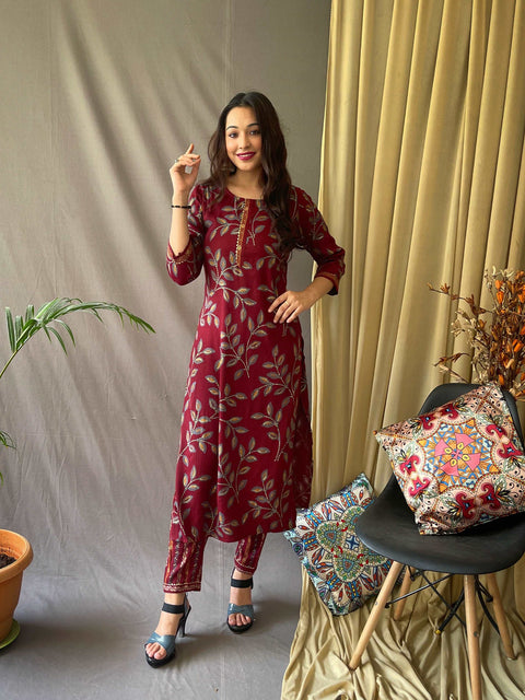 Ethnic Floral Printed Cotton Kurti with Pant Maroon Clothsvilla Main image
