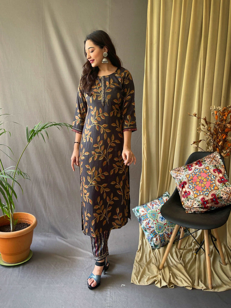 Ethnic Floral Printed Cotton Kurti with Pant Black Clothsvilla