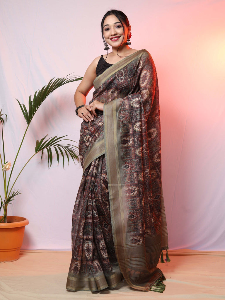 Pashmina Ajrakh Printed Saree with Copper Zari Woven Border Pista Clothsvilla