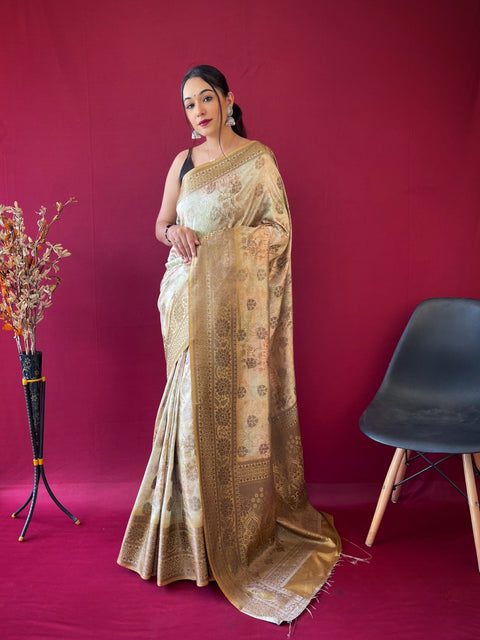 Riddhi Banarasi Silk Woven Saree with Floral Prints Thistle Green Clothsvilla Main image