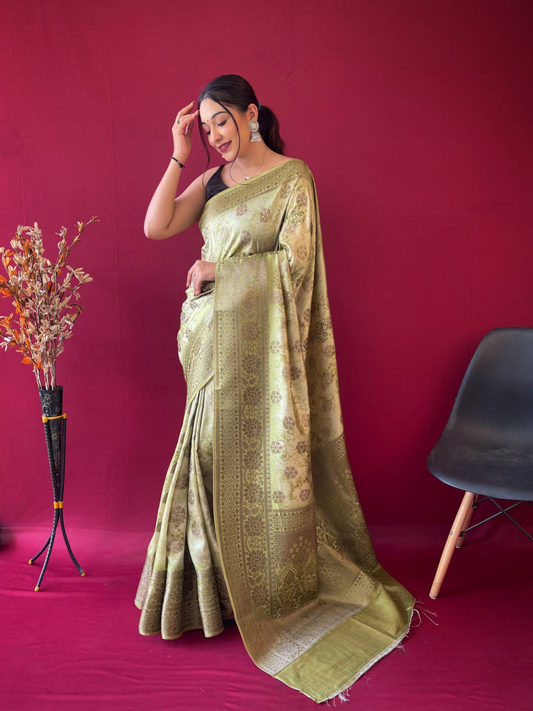Riddhi Banarasi Silk Woven Saree with Floral Prints Winter Hazel Green Clothsvilla