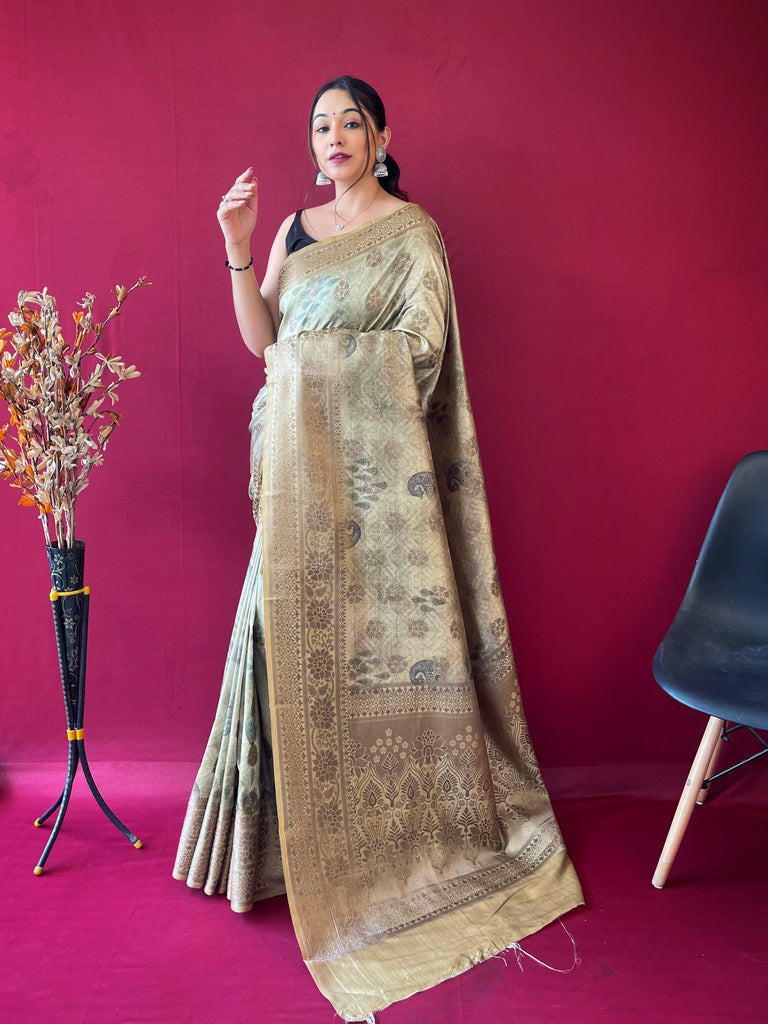Riddhi Banarasi Silk Woven Saree with Floral Prints Soft Green Clothsvilla