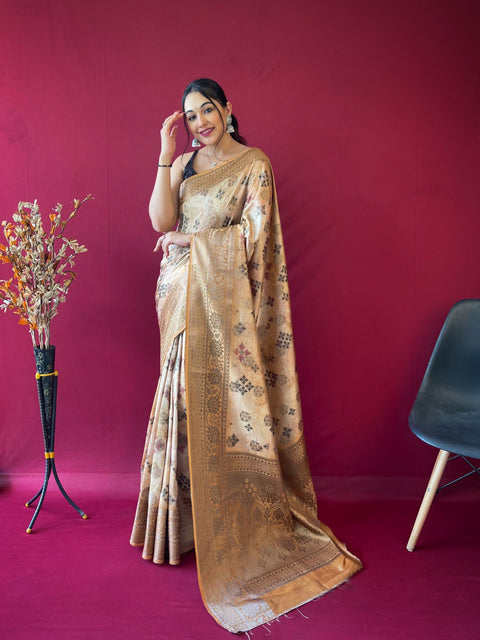 Riddhi Banarasi Silk Woven Saree with Floral Prints Burly Wood Clothsvilla Main image