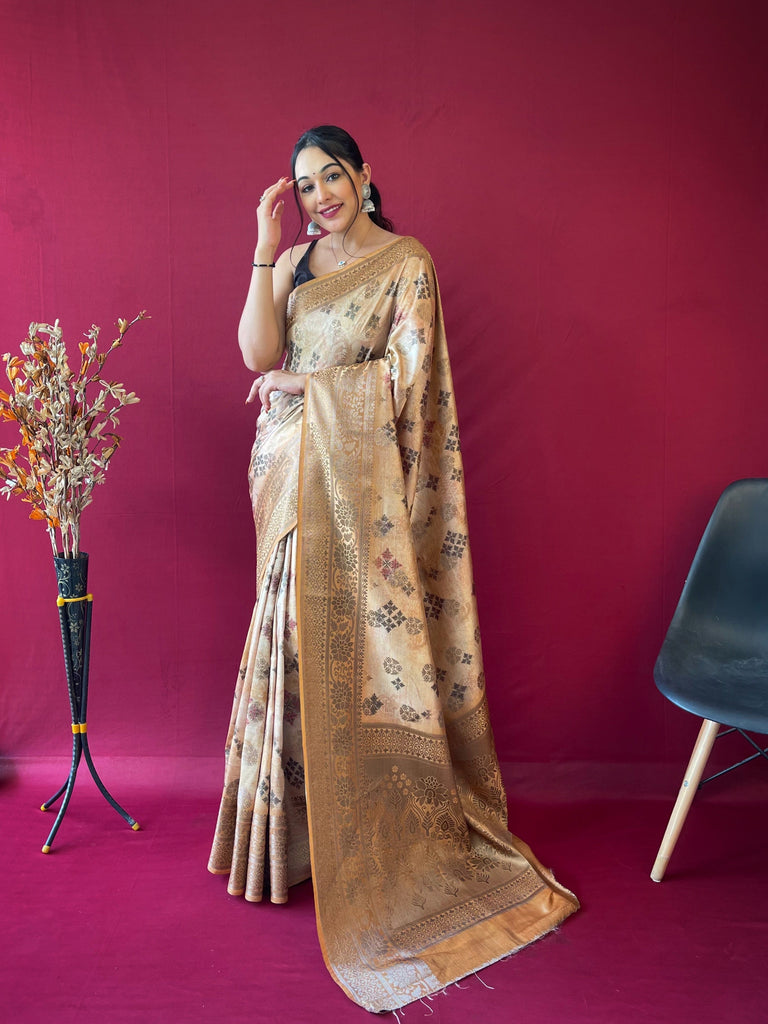 Riddhi Banarasi Silk Woven Saree with Floral Prints Burly Wood Clothsvilla
