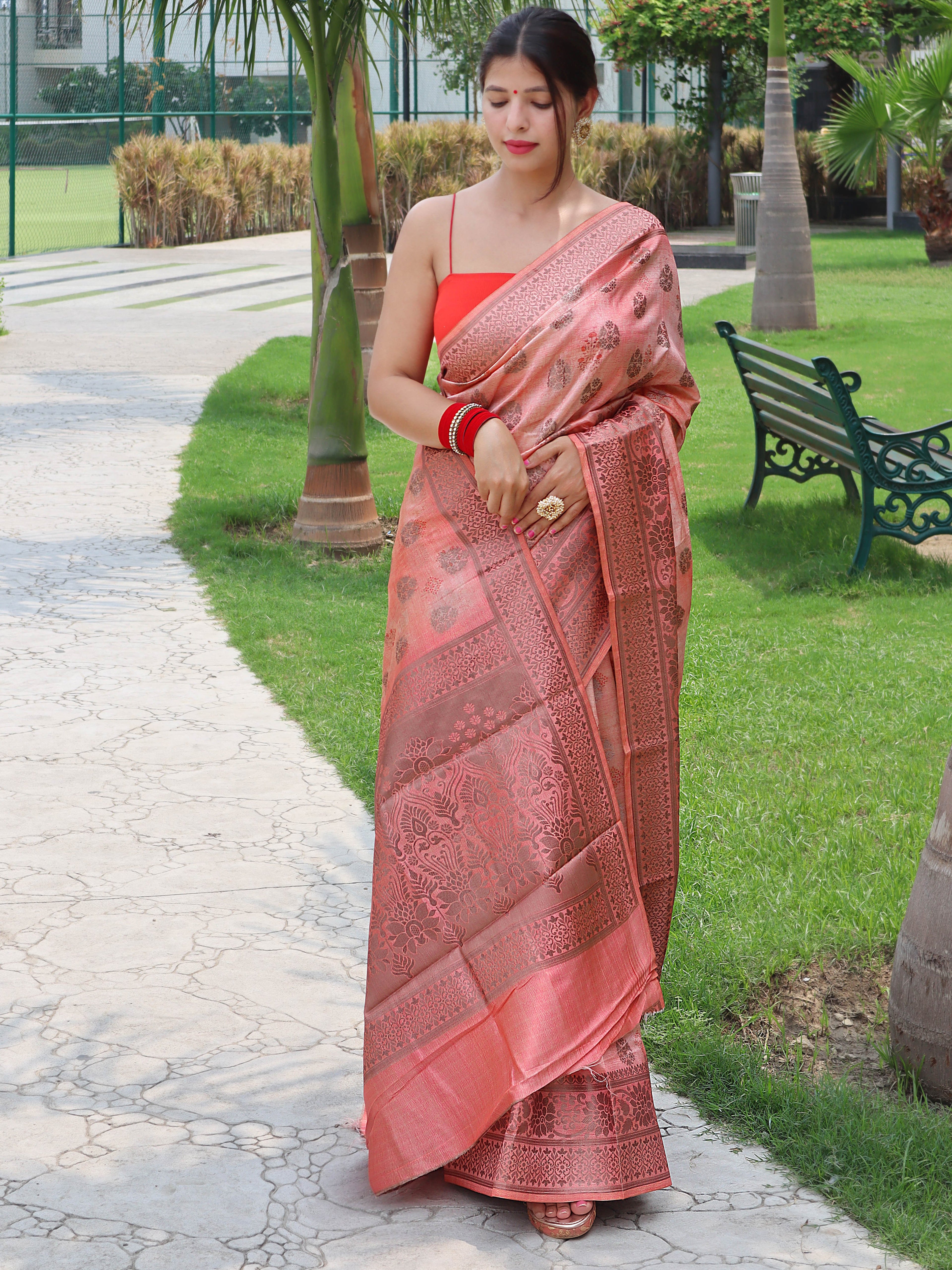 Siddhi Banarasi Silk Woven Saree with Floral Prints Baby Pink Clothsvilla