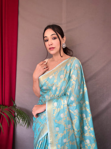 Blue Saee in Cotton With Rose Gold Woven Clothsvilla