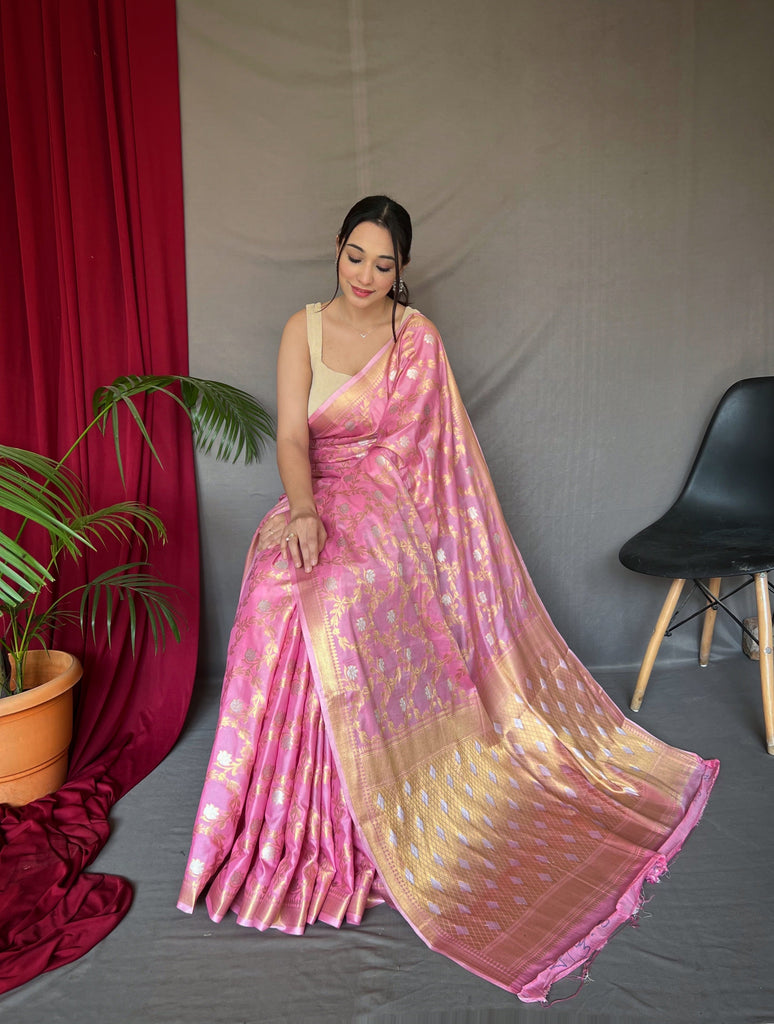 Pink Saree in Cotton With Rose Gold Woven Clothsvilla