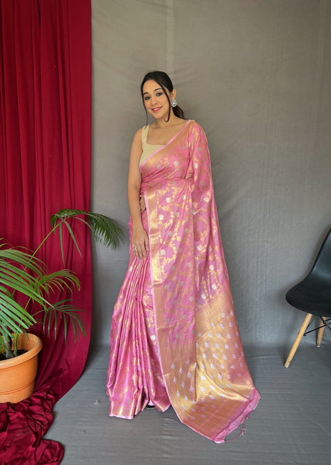 Pink Saree in Cotton With Rose Gold Woven Clothsvilla Main image