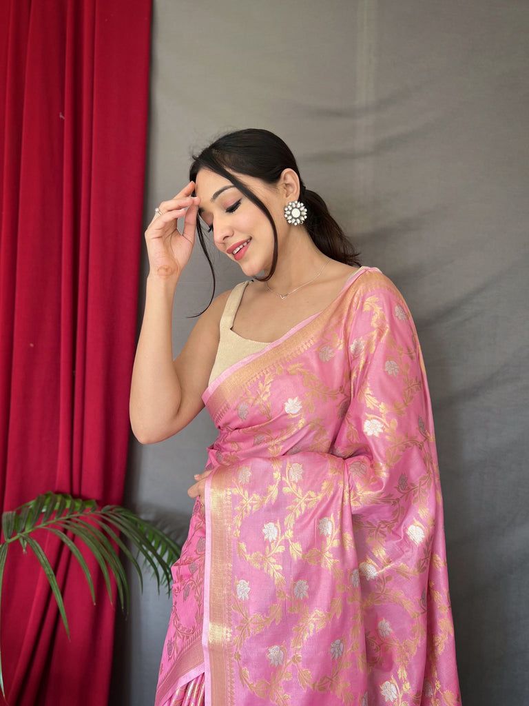 Pink Saree in Cotton With Rose Gold Woven Clothsvilla