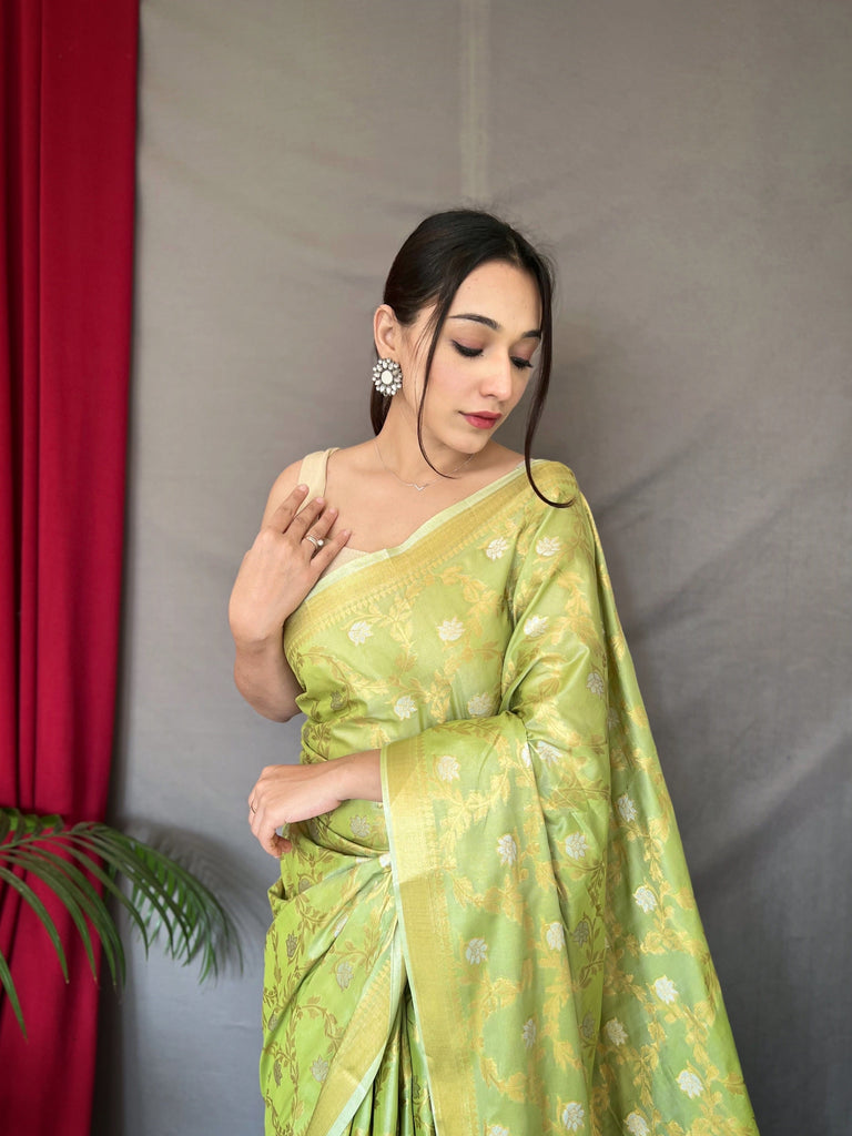 Pista Green Saree In Cotton With Rose Gold Woven Clothsvilla